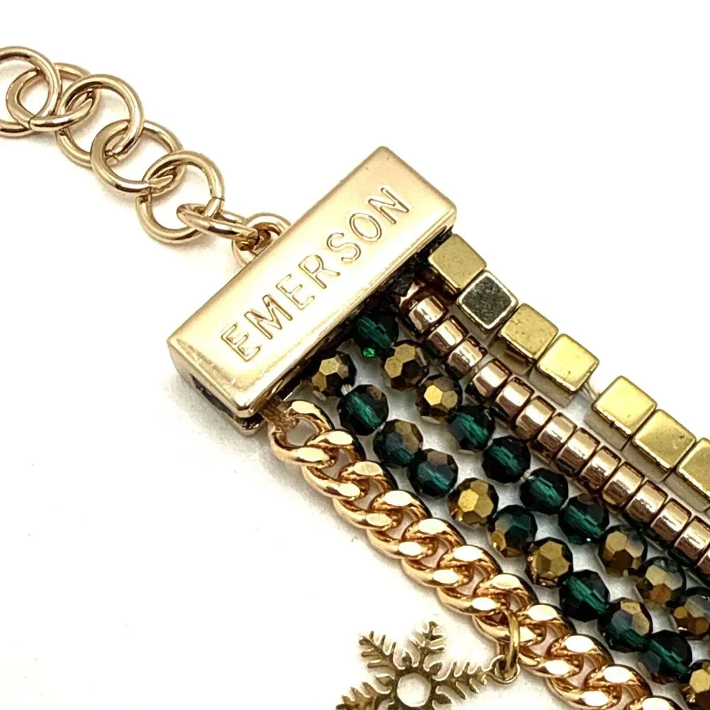Victoria Emerson Multi Strand Bracelet Green Bead Christmas Tree Star Charms 7.5